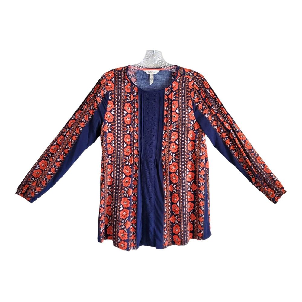 MATILDA JANE Women's S Top Navy Blue Orange Lace Pleated Crochet Neck Trim 34"
